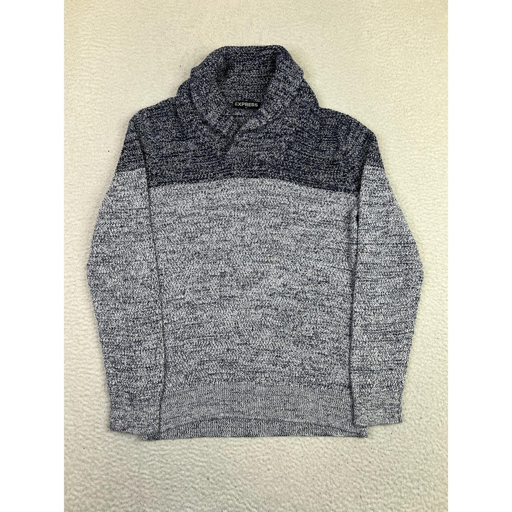 Express Sweater Mens Medium Gray Blue Shawl Collar Marled Colorblock Pullover